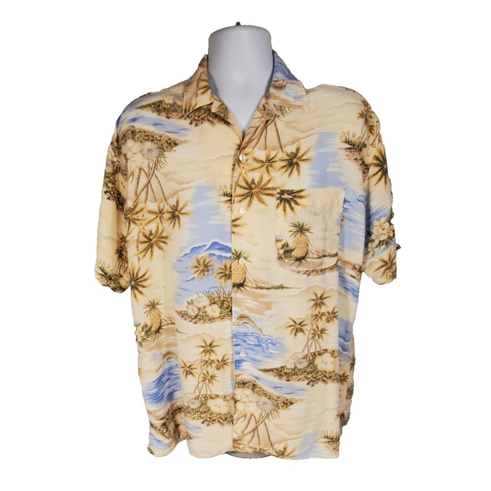 Tommy Hilfiger Hawaiian Camp Shirt Mens Medium Button Front Palm Trees Beach